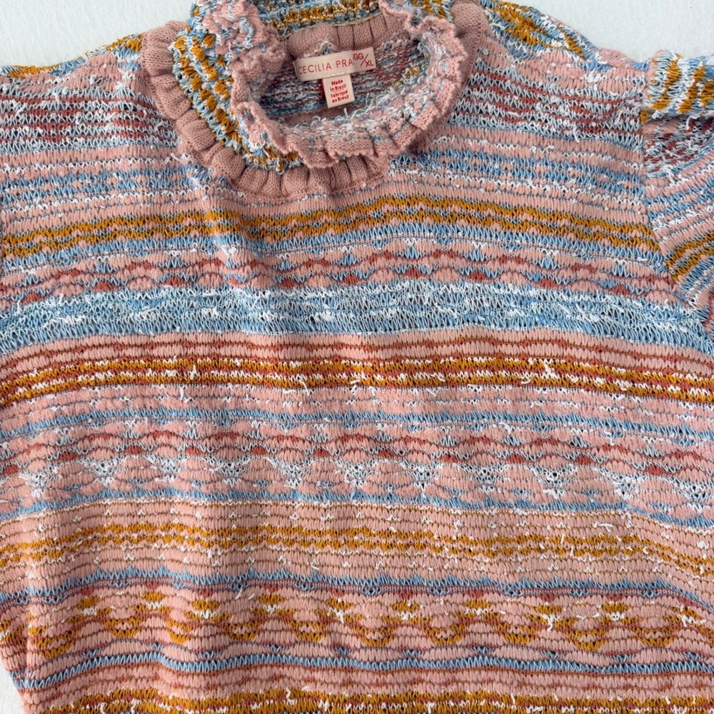 Anthropologie Cecilia Prado Pink Striped Metallic Knit Puff Sleeve Sweater XL - Picture 5 of 9